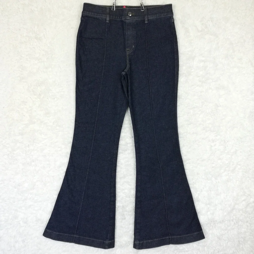 Spanx Womens Jeans Flare Leg Blue Denim Dark Wash Pintuck Seam Pull On High L